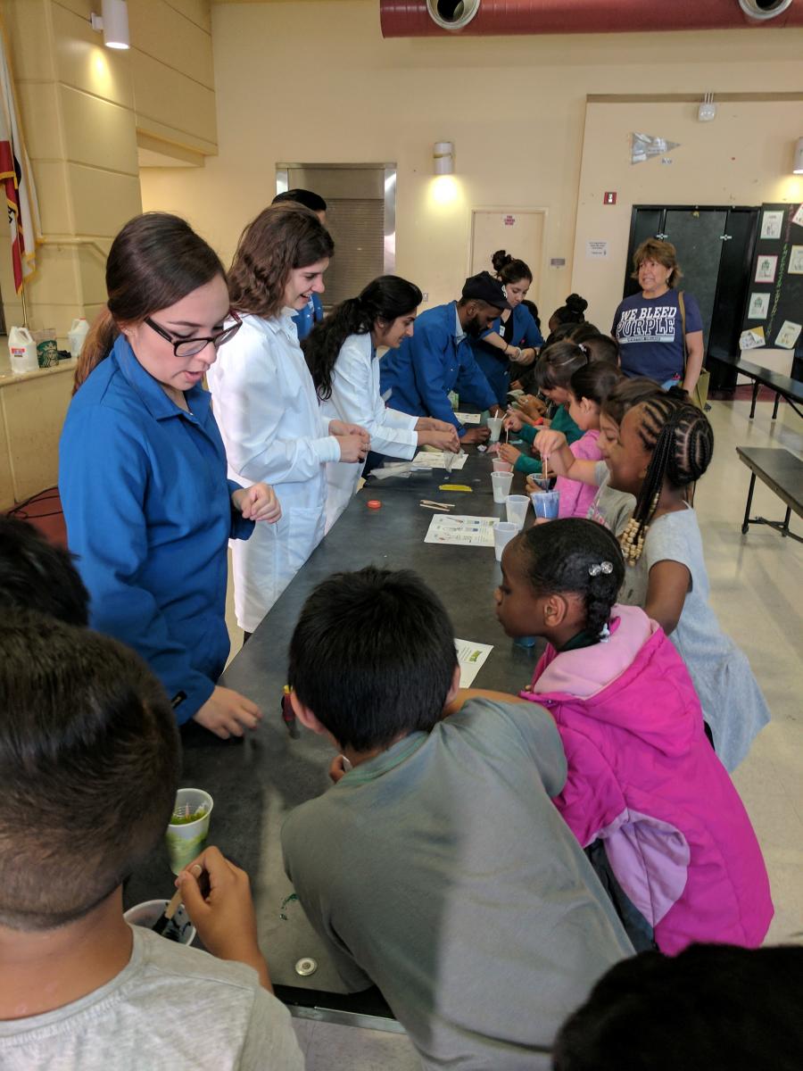 Students teaching elementary students science